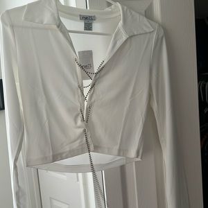 Rueb21 White 95% polyester top with gem tie front closure